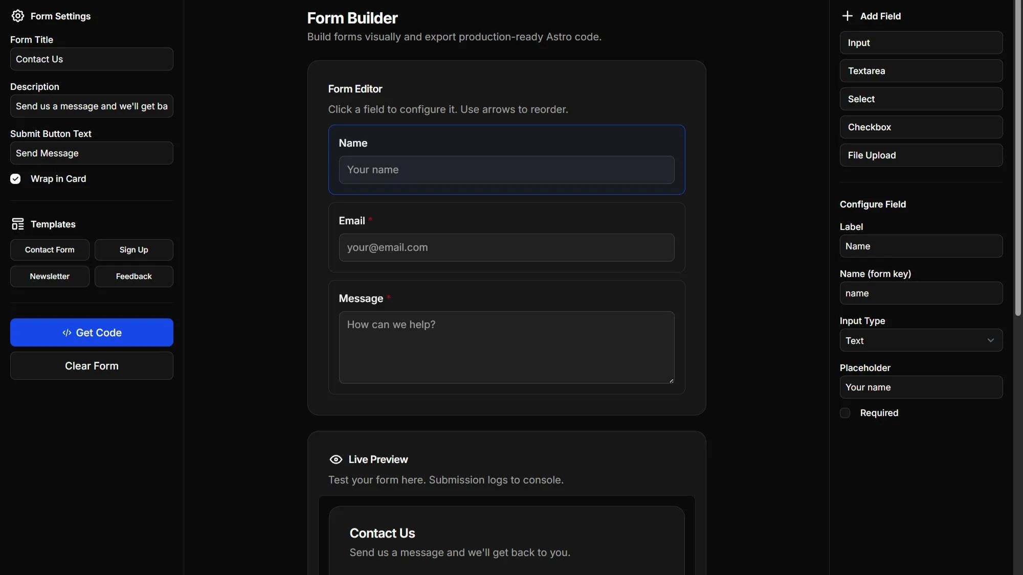 Starwind UI Form Builder for Astro