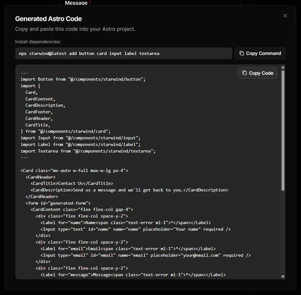 Starwind UI Form Builder Code