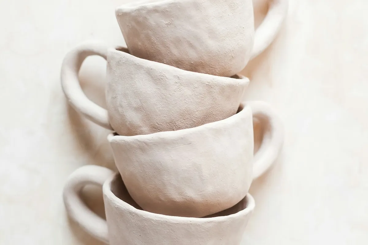 Unglazed clay cups stacked on a pale table