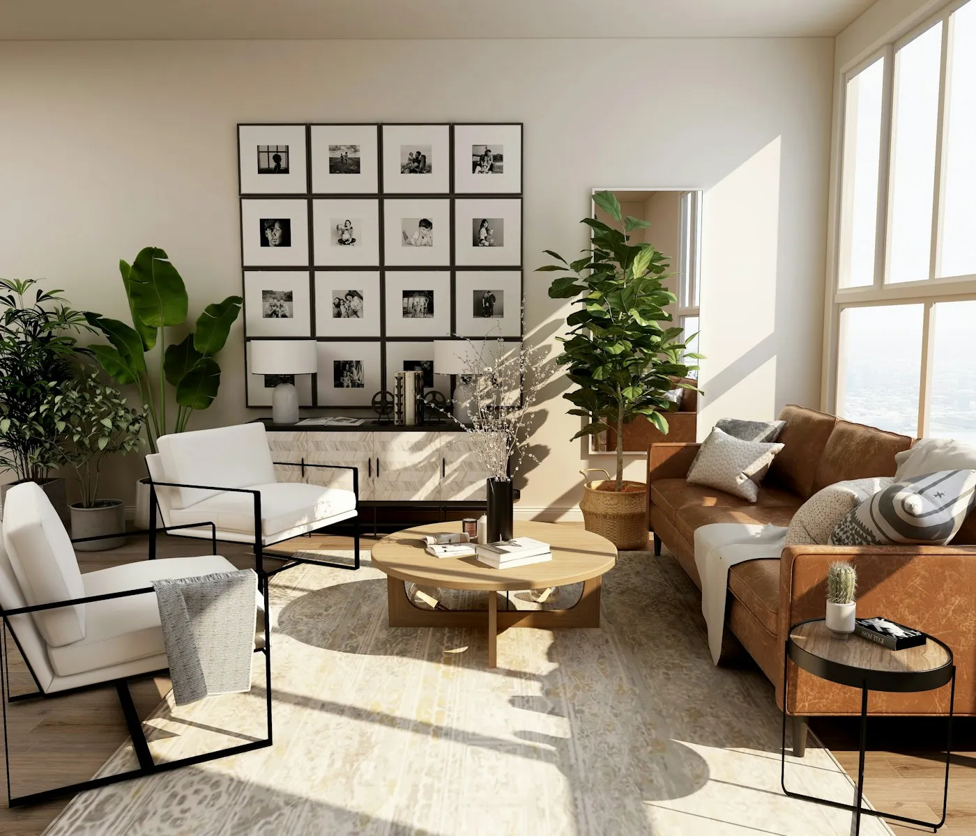 Sunlit living room with a leather sofa, white armchairs, and a wall of framed prints