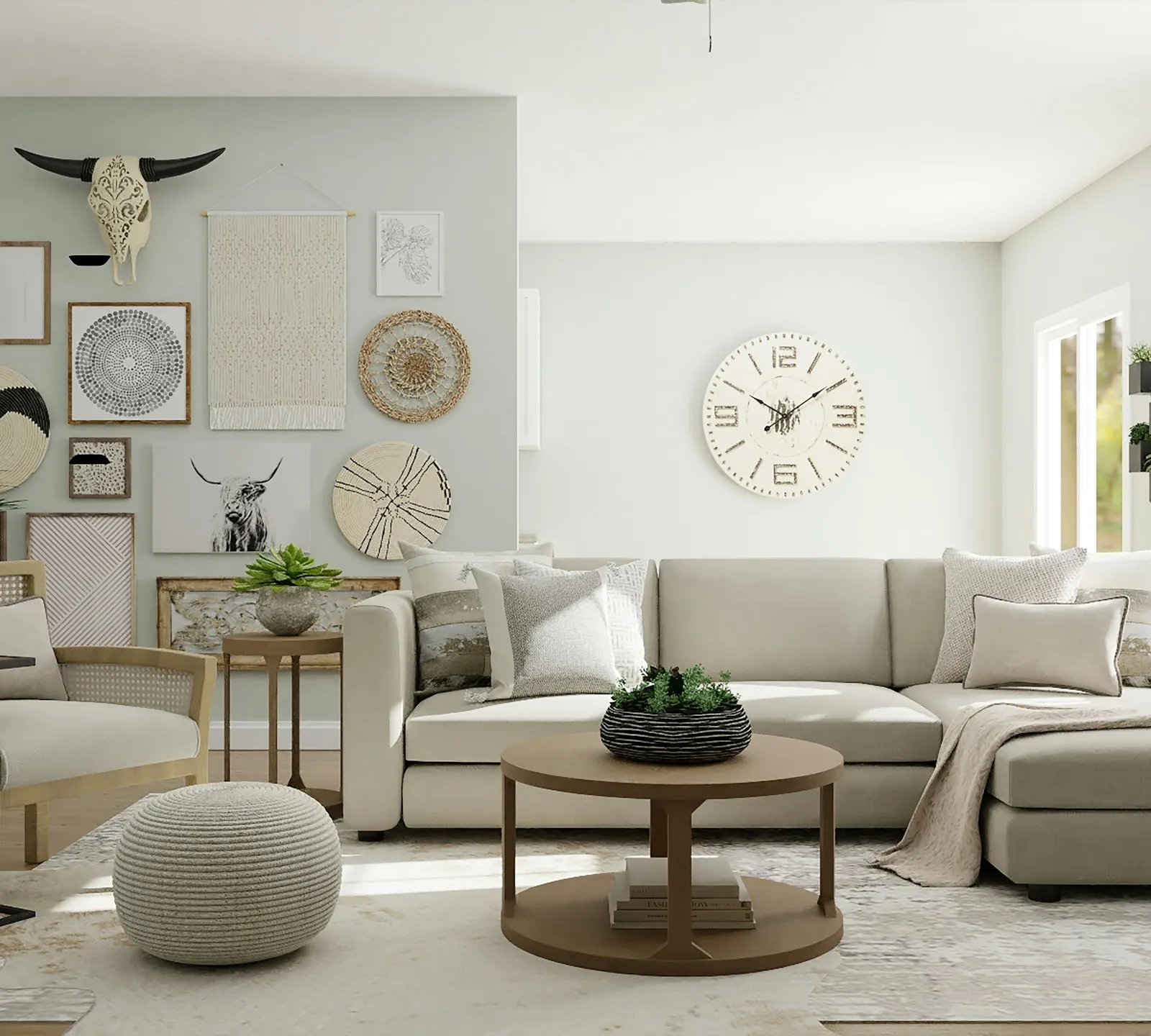 Bright neutral living room with pale seating, a round coffee table, and framed wall art