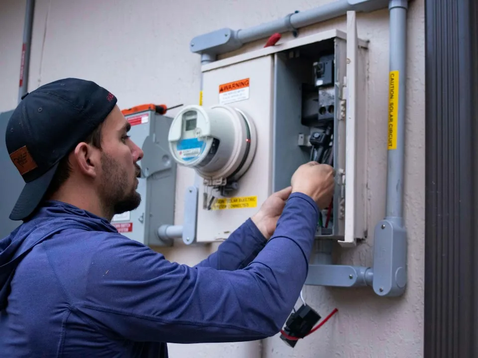 An electrician working at the open meter panel on the side of a house