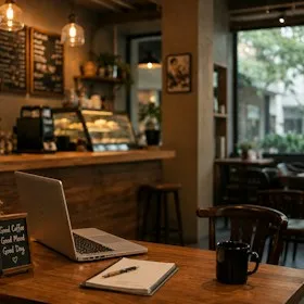 Laptop and notebook on a table inside a quiet cafe